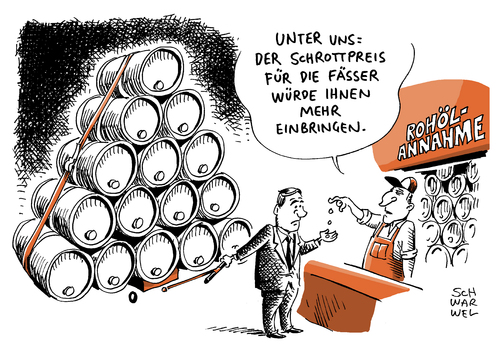 Cartoon: Ölpreis Machtkampf (medium) by Schwarwel tagged hohe,lagerbestände,ölpreis,machtkampf,öl,karikatur,schwarwel,schrottpreis,hohe,lagerbestände,ölpreis,machtkampf,öl,karikatur,schwarwel,schrottpreis