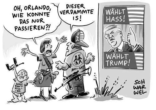 Cartoon: Orlando Attentäter Hass IS (medium) by Schwarwel tagged orlando,attentäter,hass,is,attentat,gewalt,waffen,terror,us,usa,donald,trump,islamischer,staat,natigay,gay,homo,homosexualität,anschlag,todesopfer,homophob,homophobie,bluttat,blutbad,todesschütze,schwulenclub,schwul,schwule,schwuler,omar,seddique,mateen,geisel,geiseln,extremismus,rassismus,fremdenfeindlihkeit,kalifat,dschihadistenmiliz,dschihadist,miliz,karikatur,schwarwel,orlando,attentäter,hass,is,attentat,gewalt,waffen,terror,us,usa,donald,trump,islamischer,staat,natigay,gay,homo,homosexualität,anschlag,todesopfer,homophob,homophobie,bluttat,blutbad,todesschütze,schwulenclub,schwul,schwule,schwuler,omar,seddique,mateen,geisel,geiseln,extremismus,rassismus,fremdenfeindlihkeit,kalifat,dschihadistenmiliz,dschihadist,miliz,karikatur,schwarwel