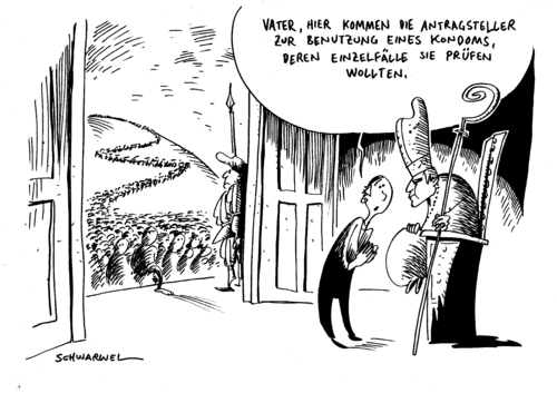 Cartoon: Papst gestattet Kondombenutzung (medium) by Schwarwel tagged papst,kondom,kirche,religion,verhütung,benutzung,baby,kinder,karikatur,schwarwel,hirte,verbot,vatikan,präservativ,aids,benedikt,sexualität,geschlechtsverkehr,einzelfall,kondom,papst,sex,verhütung,benedikt,verbot,lockerung,kirche,religion,ratzinger,verbote,baby