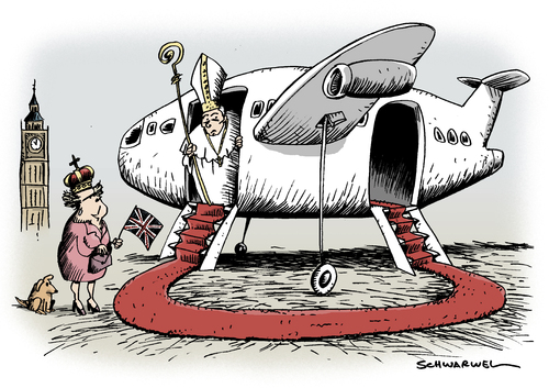 Cartoon: Papstbesuch in Großbritanien (medium) by Schwarwel tagged pabst,besuch,großbritanien,royal,königin,uk,karikatur,schwarwel,england,religion,benedikt,pope,atheist,vatikan,queen,flugzeug,premier,minister,empfang,papst,besuch,großbritanien,royal,königin,uk,england,religion