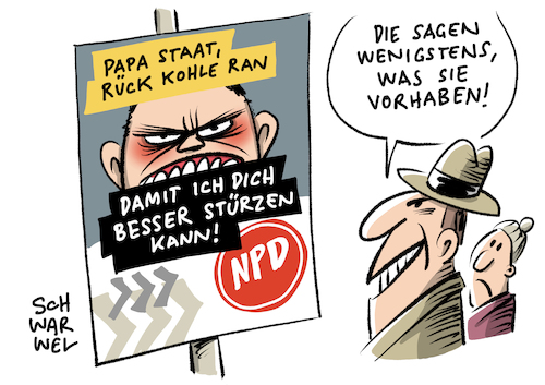 Cartoon: Parteienfinanzierung NPD (medium) by Schwarwel tagged npd,partei,parteifinanzierung,steuergeld,steuergelder,verfassungsfeinde,verfassungsfeindlichkeit,karikatur,schwarwel,parteiverbot,rechts,nazi,verbotsverfahren,npd,partei,parteifinanzierung,steuergeld,steuergelder,verfassungsfeinde,verfassungsfeindlichkeit,karikatur,schwarwel,parteiverbot,rechts,nazi,verbotsverfahren