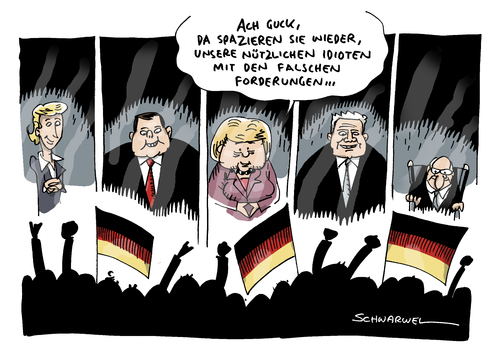 Cartoon: PEGIDA Regierung Opposition (medium) by Schwarwel tagged pegida,regierung,opposition,wirre,forderung,rechts,nazi,hooligans,merkel,gabriel,von,der,leyen,minister,staat,politik,karikatur,schwarwel,pegida,regierung,opposition,wirre,forderung,rechts,nazi,hooligans,merkel,gabriel,von,der,leyen,minister,staat,politik,karikatur,schwarwel