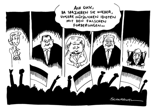 Cartoon: PEGIDA Regierung Opposition (medium) by Schwarwel tagged pegida,regierung,opposition,wirre,forderung,rechts,nazi,hooligans,merkel,gabriel,von,der,leyen,minister,staat,politik,karikatur,schwarwel,pegida,regierung,opposition,wirre,forderung,rechts,nazi,hooligans,merkel,gabriel,von,der,leyen,minister,staat,politik,karikatur,schwarwel