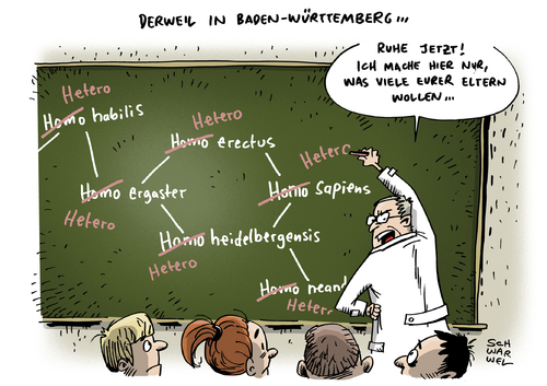 Cartoon: Petition Homosexualität Schule (medium) by Schwarwel tagged petition,baden,württemberg,homosexualität,aus,schule,verbannt,homo,hetero,sexualität,gleichgeschlechtlich,sapiens,schwul,lesbisch,karikatur,schwarwel,petition,baden,württemberg,homosexualität,aus,schule,verbannt,homo,hetero,sexualität,gleichgeschlechtlich,sapiens,schwul,lesbisch,karikatur,schwarwel