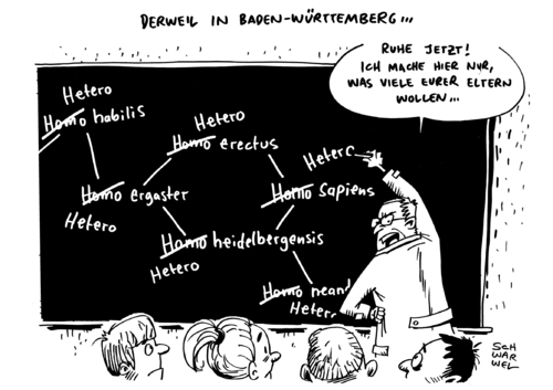 Cartoon: Petition Homosexualität Schule (medium) by Schwarwel tagged petition,baden,württemberg,homosexualität,aus,schule,verbannt,homo,hetero,sexualität,gleichgeschlechtlich,sapiens,schwul,lesbisch,karikatur,schwarwel,petition,baden,württemberg,homosexualität,aus,schule,verbannt,homo,hetero,sexualität,gleichgeschlechtlich,sapiens,schwul,lesbisch,karikatur,schwarwel