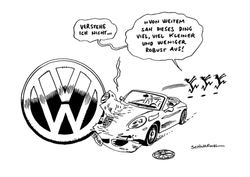 Cartoon: Porsche VW Übernahme (medium) by Schwarwel tagged porsche,vw,volkswagen,unternehmen,auto,kfz,gescheitert,übernahme,konzern,staatsanwaltschaft,anklage,finanzmanager,manager,finanzen,geld,wirtschaft,handel,automobil,industrie,kreditbetrug,betrug,kredit,karikatur,schwarwel,porsche,vw,volkswagen,unternehmen,kfz,automobil,kreditbetrug,kredit