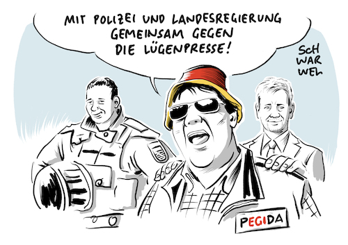 Cartoon: Pressefreiheit in Sachsen Pegida (medium) by Schwarwel tagged pegida,demo,demonstration,journalist,journalismus,kamera,aufnahme,zdf,frontal,medien,sächsischer,ministerpräsident,unseriös,dresden,sachsen,braun,rechtsextremismus,rechtsextrem,polizei,polizeigewalt,polizeistaat,angela,merkel,bundeskanzlerin,besuch,arndt,ginzel,mdr,21,politikmagazin,festnahme,behinderung,dreharbeiten,minister,michael,kretzschmar,cdu,pressefreiheit,meinungsfreiheit,presse,lügenpresse,berichterstattung,straftat,polizeiliche,maßnahme,afd,alternative,für,deutschland,rassisten,rassismus,rechtspopulisten,rechtspopulismus,cartoon,karikatur,schwarwel,pegida,demo,demonstration,journalist,journalismus,kamera,aufnahme,zdf,frontal,medien,sächsischer,ministerpräsident,unseriös,dresden,sachsen,braun,rechtsextremismus,rechtsextrem,polizei,polizeigewalt,polizeistaat,angela,merkel,bundeskanzlerin,besuch,arndt,ginzel,mdr,21,politikmagazin,festnahme,behinderung,dreharbeiten,minister,michael,kretzschmar,cdu,pressefreiheit,meinungsfreiheit,presse,lügenpresse,berichterstattung,straftat,polizeiliche,maßnahme,afd,alternative,für,deutschland,rassisten,rassismus,rechtspopulisten,rechtspopulismus,cartoon,karikatur,schwarwel