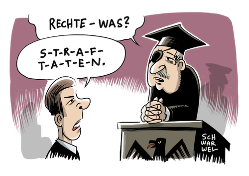 Cartoon: Rechte Straftaten (medium) by Schwarwel tagged kriminalstatistik,rechts,straftaten,nazi,rechtspopulismus,terror,gewalt,hass,wut,wutbürger,flüchtlinge,geflüchtete,flüchtlingsheim,recht,gesetz,richter,strafe,karikatur,schwarwel,kriminalstatistik,rechts,straftaten,nazi,rechtspopulismus,terror,gewalt,hass,wut,wutbürger,flüchtlinge,geflüchtete,flüchtlingsheim,recht,gesetz,richter,strafe,karikatur,schwarwel