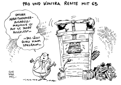 Cartoon: Rente mit 63 (medium) by Schwarwel tagged rente,63,jahre,grenze,cdu,vize,klöckner,karikatur,schwarwel,pro,kontra,arbeit,job,sozial,arbeitnehmer,arbeitgeber,rente,63,jahre,grenze,cdu,vize,klöckner,karikatur,schwarwel,pro,kontra,arbeit,job,sozial,arbeitnehmer,arbeitgeber