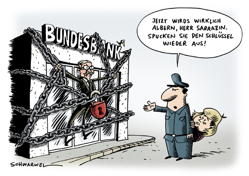 Cartoon: Sarrazin wehrt sich g. Rauswurf (medium) by Schwarwel tagged sarrazin,buch,bank,wehr,rauswurf,bundesbank,abfindung,geld,euro,angela,merkel,polizei,regierung,deutschland,politik,politiker,mann,karikatur,schwarwel,thilo sarrazin,bank,buch,wehr,rauswurf,bundesbank,abfindung,euro,angela merkel,thilo,sarrazin,angela,merkel