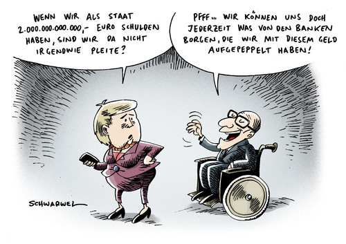 Cartoon: Staatsschulden (medium) by Schwarwel tagged staatsschulden,schuld,angela,merkel,angie,deutschland,wirtschaft,finanzen,geld,politik,führung,chef,kanzler,pleite,bank,unternehmen,karikatur,schwarwel,staatsschulden,schulden,schuld,angela merkel,deutschland,wirtschaft,finanzen,geld,angela,merkel