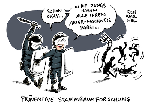 Cartoon: Stammbaumforschung Polizei (medium) by Schwarwel tagged stammbaumforschung,stammbaum,polizei,racial,profiling,rassismus,rassisten,polizeigewalt,stuttgart,krawallnacht,krawalle,ausschreitungen,tatverdächtige,struktureller,nazi,nazis,antisemitismus,fremdenfeindlichkeit,fremdenfeindlich,ausländer,ausländerfeindlichkeit,migration,integration,herkunft,rasse,abstammung,abstammungsprüfung,migrationshintergrund,täteranalysen,randale,randalierer,plünderungen,nationalität,arier,arisch,cartoon,karikatur,schwarwel,stammbaumforschung,stammbaum,polizei,racial,profiling,rassismus,rassisten,polizeigewalt,stuttgart,krawallnacht,krawalle,ausschreitungen,tatverdächtige,struktureller,nazi,nazis,antisemitismus,fremdenfeindlichkeit,fremdenfeindlich,ausländer,ausländerfeindlichkeit,migration,integration,herkunft,rasse,abstammung,abstammungsprüfung,migrationshintergrund,täteranalysen,randale,randalierer,plünderungen,nationalität,arier,arisch,cartoon,karikatur,schwarwel