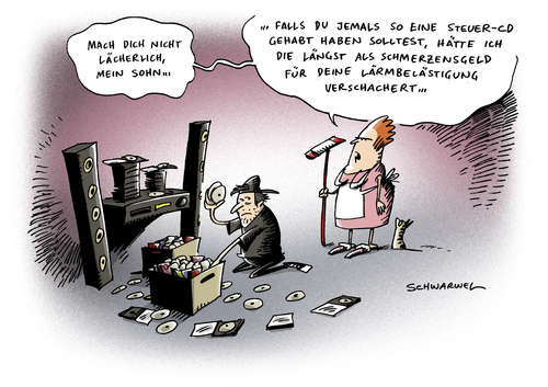 Cartoon: Steuer CDs (medium) by Schwarwel tagged nrw,millionen,euro,steuer,steuern,cds,stersünder,sünde,finanzamt,staat,wirtschaft,finanzen,geld,politik,nrw,millionen,cds,stersünder,finanzamt