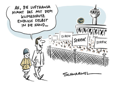 Cartoon: Streik Lufthansa Flugbegleiter (medium) by Schwarwel tagged lufthansa,flieger,fluggesellschaft,flugbegleiter,stewardess,urlaub,holiday,flug,reise,streik,arbeit,lohn,gehalt,fridaysforfuture,greta,thunberg,klimastreik,klimawandel,klima,klimaschutz,umweltschutz,klimanotstand,umweltzerstörung,naturschutz,flüge,gewerkschaft,wirtschaft,finanzen,flugbegleitergewerkschaft,ufo,airline,airlines,cartoon,karikatur,schwarwel,lufthansa,flieger,fluggesellschaft,flugbegleiter,stewardess,urlaub,holiday,flug,reise,streik,arbeit,lohn,gehalt,fridaysforfuture,greta,thunberg,klimastreik,klimawandel,klima,klimaschutz,umweltschutz,klimanotstand,umweltzerstörung,naturschutz,flüge,gewerkschaft,wirtschaft,finanzen,flugbegleitergewerkschaft,ufo,airline,airlines,cartoon,karikatur,schwarwel