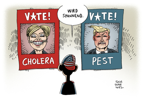 Cartoon: Super Tuesday Clinton Trump (medium) by Schwarwel tagged super,tuesday,clinton,trump,us,usa,staaten,pest,cholera,hillary,wahl,wahlprogramm,präsidentschaftskandidatur,präsident,president,kandidat,demokrat,demokratin,republikaner,barack,obama,karikatur,schwarwel,super,tuesday,clinton,trump,us,usa,staaten,pest,cholera,hillary,wahl,wahlprogramm,präsidentschaftskandidatur,präsident,president,kandidat,demokrat,demokratin,republikaner,barack,obama,karikatur,schwarwel