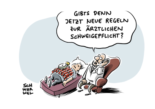 Cartoon: Terrorgefahr Schweigepflicht (medium) by Schwarwel tagged patient,patienten,terrorgefahr,terror,angst,schweigepflicht,arzt,ärzte,psychologe,psychotherapeut,ärztliche,innenminister,ärzteschaft,karikatur,schwarwel,patient,patienten,terrorgefahr,terror,angst,schweigepflicht,arzt,ärzte,psychologe,psychotherapeut,ärztliche,innenminister,ärzteschaft,karikatur,schwarwel