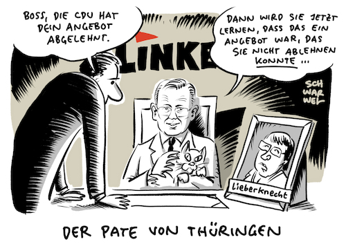 Cartoon: Thüringen Ramelow CDU (medium) by Schwarwel tagged thüringen,mpwahl,kemmerich,mohrung,höcke,ramelow,die,linke,fdp,cdu,cduthüringen,afd,hufeisen,hufeisentheorie,regierungskrise,ministerpäsidentenwahl,wahl,wahlen,werteunion,niewiedercdu,niemehrcdu,nazi,nazis,neonazis,faschisten,faschismus,völkisch,national,rechtsruck,rechtsterrorismus,rechtsextremismus,rechtsextremisten,nonazis,noafd,linksextrem,linksextremismus,sed,kommunismus,thüringenkrise,übergangsministerpräsidentin,lieberknecht,akkrücktritt,akk,rücktritt,der,pate,übergangsregierung,neuwahl,neuwahlen,cartoon,karikatur,schwarwel,landtag,landtagsfraktionschef,thüringen,mpwahl,kemmerich,mohrung,höcke,ramelow,die,linke,fdp,cdu,cduthüringen,afd,hufeisen,hufeisentheorie,regierungskrise,ministerpäsidentenwahl,wahl,wahlen,werteunion,niewiedercdu,niemehrcdu,nazi,nazis,neonazis,faschisten,faschismus,völkisch,national,rechtsruck,rechtsterrorismus,rechtsextremismus,rechtsextremisten,nonazis,noafd,linksextrem,linksextremismus,sed,kommunismus,thüringenkrise,übergangsministerpräsidentin,lieberknecht,akkrücktritt,akk,rücktritt,der,pate,übergangsregierung,neuwahl,neuwahlen,cartoon,karikatur,schwarwel,landtag,landtagsfraktionschef