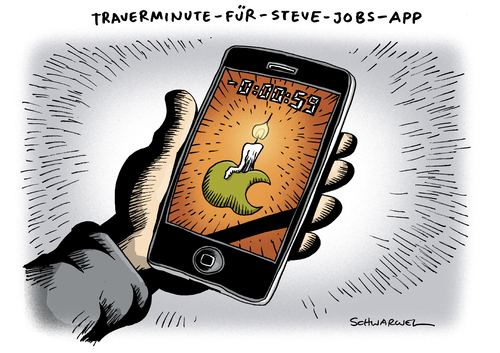 Cartoon: Trauer um Steve Jobs (medium) by Schwarwel tagged steve,jobs,tot,tod,trauer,apple,iphone,konzern,mac,idesign,krebs,krank,krankheit,krebsleiden,tim,cook,app,ipad,it,pionier,ipod,visionär,genie,chef,unternehmen,macintosh,itunes,erfinder,innovation,pixar,animation,software,ibook,kult,vorreiter,karikatur,schwarwel,steve jobs,tod,trauer,apple,iphone,mac,konzern,krebs,krankheit,visionär,chef,steve,jobs