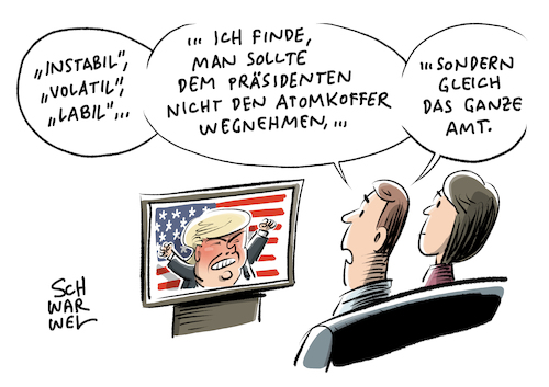 Cartoon: Trump Atomangriff Befugnis (medium) by Schwarwel tagged donald,trump,us,usa,amerika,america,first,präsident,president,nuklear,senatoren,atomangriff,atom,krieg,zerstörung,amt,angriff,angriffsbefehl,atombefugnisse,atombefugnis,unzurechenbar,unzurechenbarkeit,atomar,atomarer,gegenangriff,nordkorea,rakete,atomrakete,kim,jon,un,atomwaffe,atomwaffen,atomwaffentest,pjöngjang,wasserstoffbombe,bombo,atombombe,reaktor,mittelstreckenrakete,mittelstreckenraketen,karikatur,schwarwel,donald,trump,us,usa,amerika,america,first,präsident,president,nuklear,senatoren,atomangriff,atom,krieg,zerstörung,amt,angriff,angriffsbefehl,atombefugnisse,atombefugnis,unzurechenbar,unzurechenbarkeit,atomar,atomarer,gegenangriff,nordkorea,rakete,atomrakete,kim,jon,un,atomwaffe,atomwaffen,atomwaffentest,pjöngjang,wasserstoffbombe,bombo,atombombe,reaktor,mittelstreckenrakete,mittelstreckenraketen,karikatur,schwarwel