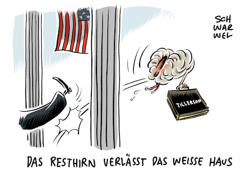 Cartoon: Trump entlässt Tillerson (medium) by Schwarwel tagged donald,trump,us,usa,amerika,make,america,great,again,first,präsident,president,regierung,außenminister,tillerson,minister,kabinett,senat,atomdeal,iran,pompeo,karikatur,schwarwel,donald,trump,us,usa,amerika,make,america,great,again,first,präsident,president,regierung,außenminister,tillerson,minister,kabinett,senat,atomdeal,iran,pompeo,karikatur,schwarwel