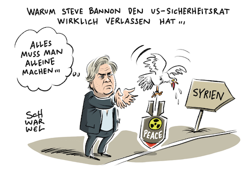 Cartoon: Trump Steve Bannon (medium) by Schwarwel tagged donald,trump,us,usa,president,präsident,krieg,waffen,terror,gewalt,chefstratege,politik,politiker,steve,bannon,nationaler,sicherheitsrat,karikatur,schwarwel,frieden,syrien,bombe