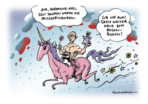 Cartoon: Ukraine Krise Putin Verhalten (medium) by Schwarwel tagged ukraine,krise,putin,verhalten,spaltung,meinung,öffentlichkeit,einhorn,regenbogen,hoffnung,karikatur,schwarwel,ukraine,krise,putin,verhalten,spaltung,meinung,öffentlichkeit,einhorn,regenbogen,hoffnung,karikatur,schwarwel