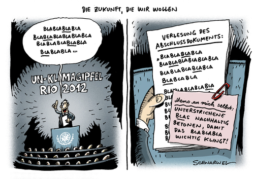 Cartoon: UN Klimagipfel Rio (medium) by Schwarwel tagged un,klimagipfel,rio,abschlussdokument,beschluss,vorreiterstaat,umweltfrage,zeichen,karikatur,schwarwel,un,klimagipfel,rio,abschlussdokument,beschluss,umweltfrage,zeichen