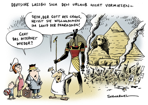 Cartoon: Urlaubsziel Ägypten (medium) by Schwarwel tagged deutsche,urlauber,verzichten,unruhen,urlaubsziel,ägypten,karikatur,schwarwel,urlaub,krieg,deutsch,seth,gott,chaos,pharao,internet,mubarak,regime,regierung,demokratie,gewalt,waffen,polizei,protest,demonstration,soldat,tränengas,gewehr,schuss,tod,blut,staat,masse,bürger,revolution,wasserwerfer,gummigeschoss,suez,kairo,reise,veranstalter,sicherheit,tour,opposition,diktator,twitter,facebook,muslim,präsident,google,telekommunikation,moschee,menschenrechte,pyramide,familie,freizeit,entspannung,urlauber,verzichten,unruhen,urlaubsziel,ägypten,krieg,regierung,demokratie,gewalt,mubarak,internet,demonstration,soldat,polizei,staat