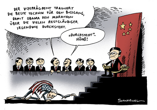 Cartoon: USA besucht China (medium) by Schwarwel tagged schwarwel,karikatur,obama,dollar,euro,boerse,wirtschaftskrise,krise,schulden,glaeubiger,fuehrung,chef,macht,bussgang,busse,finanzen,geld,wirtschaft,politik,gläubiger,besuch,biden,vize,präsident,president,staat,china,usa,us,us,president,staat,präsident,vize,biden,besuch,gläubiger,politik,wirtschaft,bussgang,chef