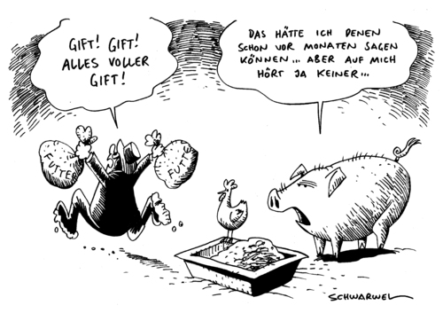 Cartoon: Verseuchte Fette im Futter (medium) by Schwarwel tagged lebensmittel,dioxin,gift,futter,fett,huhn,ei,seuche,nahrung,fleisch,schwein,bedrohung,verseucht,krankheit,schutz,verbraucher,mensch,tier,futtermittel,skandal,karikatur,essen,schwarwel,dioxin,ei,skandal,lebensmittel,eier,verunreinigung,grenzwert,verseuchung,vergiftung,gift,futtermittel,essen,tierfutter,nahrung,ernährung,restaurant,frühstück,verbraucher,verbraucherschutz