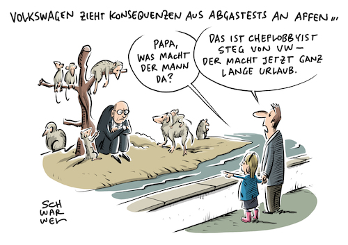 Cartoon: VW Abgastests an Affen (medium) by Schwarwel tagged abgasskandal,dieselskandal,daimler,bmw,vw,volkswagen,auto,wagen,kfz,dieselabgaseversuche,autokonzern,automobilindustrie,automobil,automobile,wirtschaft,finanzen,konzern,abgastests,experiment,experimente,tierversuch,tierversuche,autohersteller,autolobby,abgas,abgase,abgastest,affen,menschen,affentests,menschentests,menschenversuche,schadstoffe,stickstoffdioxid,diesel,dieselmotor,umweltzerstörung,umweltschäden,karikatur,schwarwel,thomas,steg,abgasskandal,dieselskandal,daimler,bmw,vw,volkswagen,auto,wagen,kfz,dieselabgaseversuche,autokonzern,automobilindustrie,automobil,automobile,wirtschaft,finanzen,konzern,abgastests,experiment,experimente,tierversuch,tierversuche,autohersteller,autolobby,abgas,abgase,abgastest,affen,menschen,affentests,menschentests,menschenversuche,schadstoffe,stickstoffdioxid,diesel,dieselmotor,umweltzerstörung,umweltschäden,karikatur,schwarwel,thomas,steg