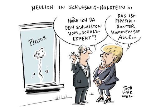 Cartoon: Wahl in Schleswig Holstein (medium) by Schwarwel tagged wahl,schleswig,holstein,spd,wähler,cdu,merkel,schukz,effekt,martin,schulz,physik,politik,politiker,deutschland,angela,karikatur,schwarwel,wahl,schleswig,holstein,spd,wähler,cdu,merkel,schukz,effekt,martin,schulz,physik,politik,politiker,deutschland,angela,karikatur,schwarwel