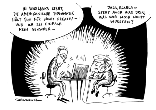 Cartoon: Wikileaks-VÖ (medium) by Schwarwel tagged wikileaks,veröffentlichung,deutschland,angela,merkel,außenminister,minister,guido,westerwelle,politik,politiker,us,geheimdepesche,depesche,karikatur,schwarwel,wikileaks,veröffentlichung,deutschland,angela merkel,außenminister,minister,guido westerwelle,geheimdepesche,us,depesche,angela,merkel,guido,westerwelle