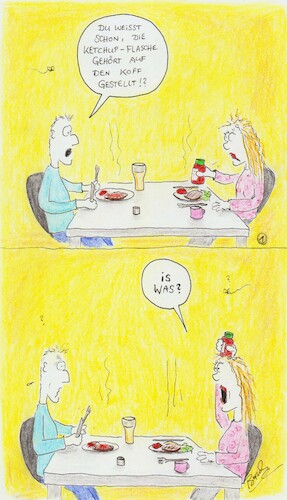 Cartoon: Ketchup (medium) by Busch Cartoons tagged ketchup,kopf,flasche,genuss,cartoon,blödsinn,frau,mann,ehe