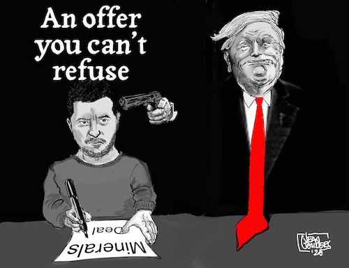 Cartoon: An offer you cannot refuse (medium) by jean gouders cartoons tagged trump,zelensky,minerals,deal,trump,zelensky,minerals,deal