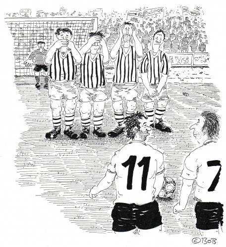 Cartoon: FrEIstoß (medium) by Christian BOB Born tagged fußball,mauer,freistoß,fußball,fussball,fußballspiel,mannschaft,sport,sportler,mauer,freistoß,angst,furcht,hören,sehen,sprechen,reden,schmerz,abwehr,angriff