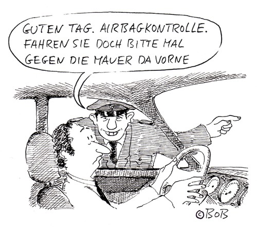 Cartoon: Guten Tag (medium) by Christian BOB Born tagged auto,airbag,kontrolle,fahrer,polizei,mauer,auto,kontrolle,fahrer,polizei,mauer,verkehr,straßenverkehr,sicherheit,regeln,polizist,verkehrspolizist,airbag,dummy