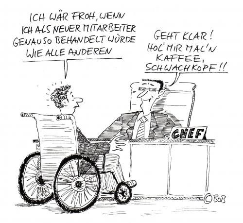 Cartoon: Kaffee (medium) by Christian BOB Born tagged chef,mitarbeiter,chancengleichheit,umgang,job,arbei,karriere,firma,unternehmen,rollstuhl,behinderung,behindert,handicap,angestellter,angestellte,chef,boss,vorgesetzter,mobbing,arbeitsplatz,umgang,chancengleichheit,mitarbeiter,arbeitsklima