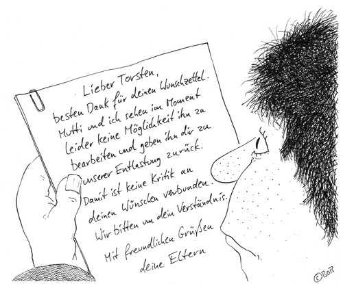 Cartoon: Torstens Wunschzettel (medium) by Christian BOB Born tagged wünsche,realitäten,wünsche,realitäten,realität,wunschzettel,familie,kinder,sohn,eltern,erziehung,finanzierung,finanzen,wunsch