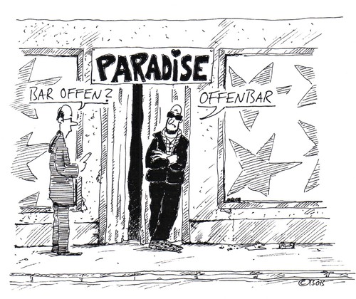 Cartoon: Unsicher (medium) by Christian BOB Born tagged bar,gast,türsteher,paradise,bar,gast,türsteher,paradies,kneipe,offenbar