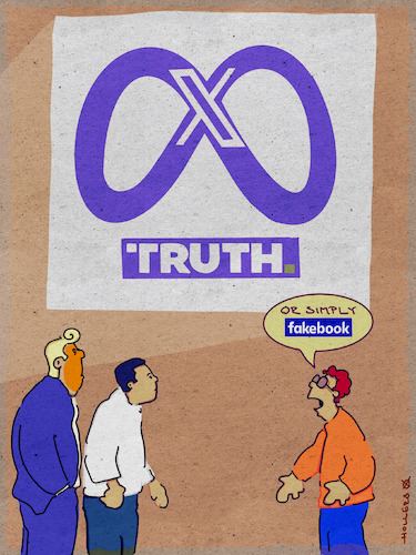 Cartoon: Fakebook (medium) by hollers tagged zuckerberg,trump,musk,social,media,platform,facebook,truth,fakecheck,fakenews,fakebook,propaganda,democracy,populism,zuckerberg,trump,musk,social,media,platform,facebook,truth,fakecheck,fakenews,fakebook,propaganda,democracy,populism