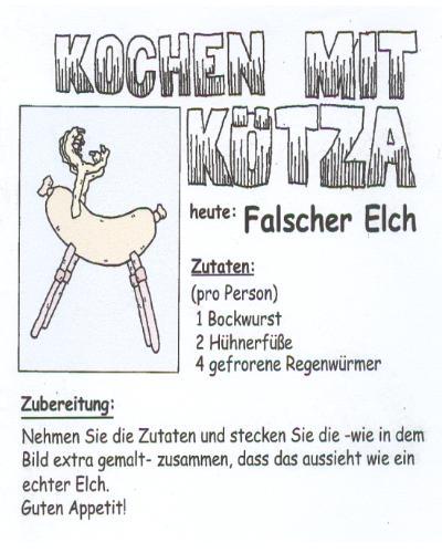 Cartoon: Falscher Elch (medium) by hollers tagged kochen,rezept,elch,kötza,kochen,koch,rezept,elch,tier,hirsch,gericht,kochbuch,tipp,nachkochen,küche,anleitung,zutaten,zubereitung,essen,nahrung,lebensmittel,fleisch,regenwürm,wurst,bockwurst,huhn,hühnchen,gastronomie,falsch,zusammenstecken,basteln,appetit,echt,real