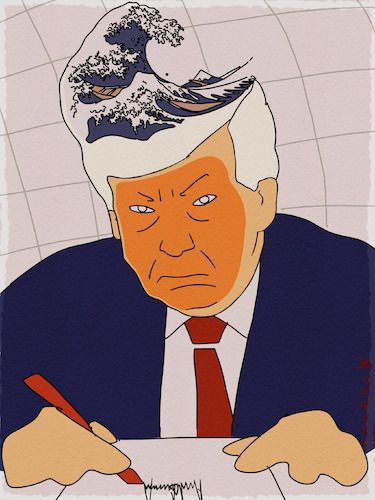 Cartoon: Hokusai (medium) by hollers tagged hokusai,holzschnitt,trump,dekrete,tsunami,unterschrift,demokratie,klima,welle,hokusai,holzschnitt,trump,dekrete,tsunami,unterschrift,demokratie,klima,welle